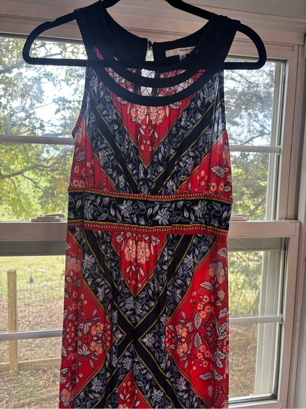 Studio One New York PM Maxi Dress Floral Paisley Scarf Print Mesh Neck Boho
